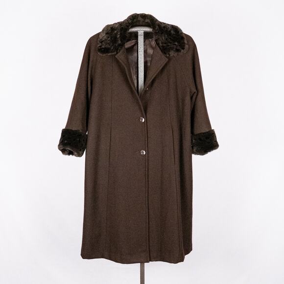 Classic Women's Wool Car Coat Size 10 PETITE Brown Faux Fur Trim Penny Lane - Picture 1 of 9